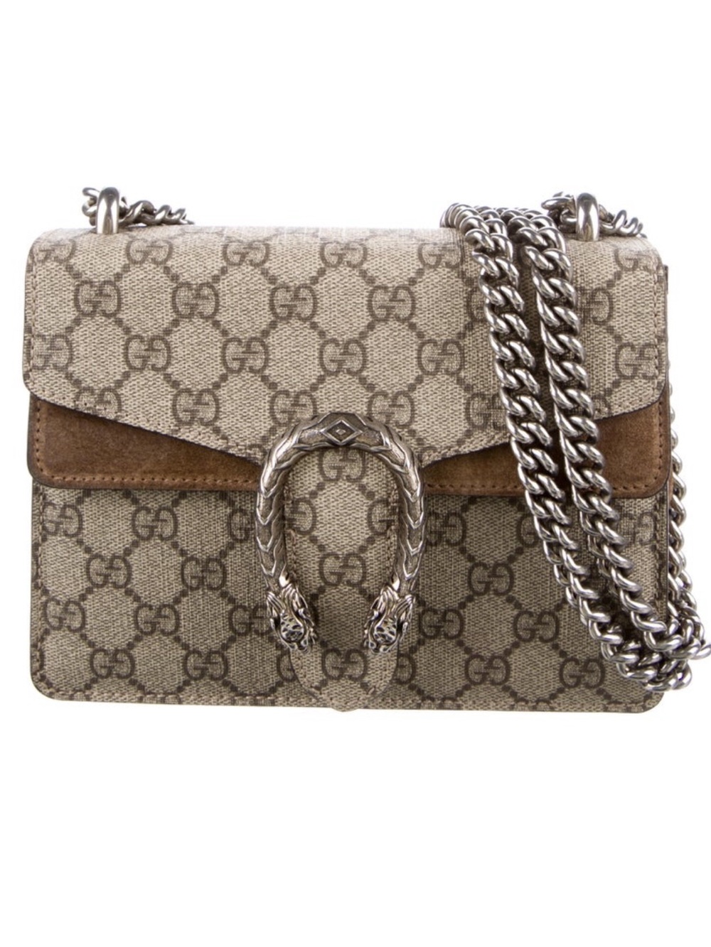 Gucci Beige GG Supreme & Brown Suede Crossbody with Silver Chain